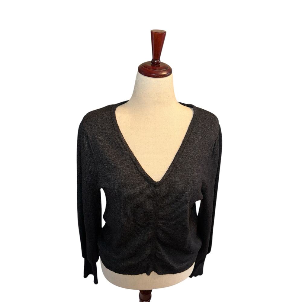 Laundry by Shelli Segal charcoal puff sleeve soft v-neck sweater sz Large